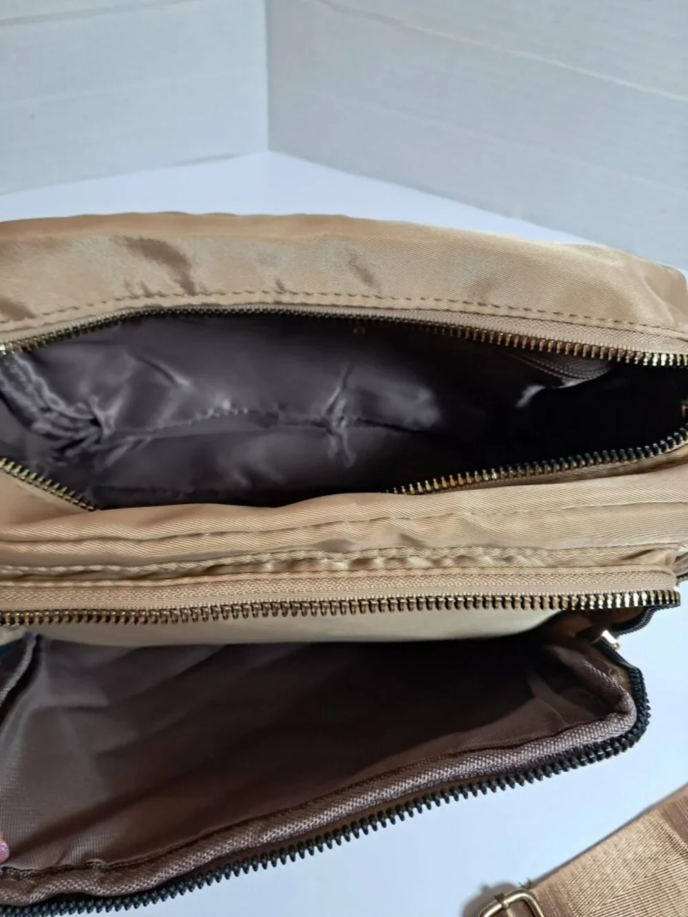 Beige Quilted Nylon Crossbody Shoulder Bag